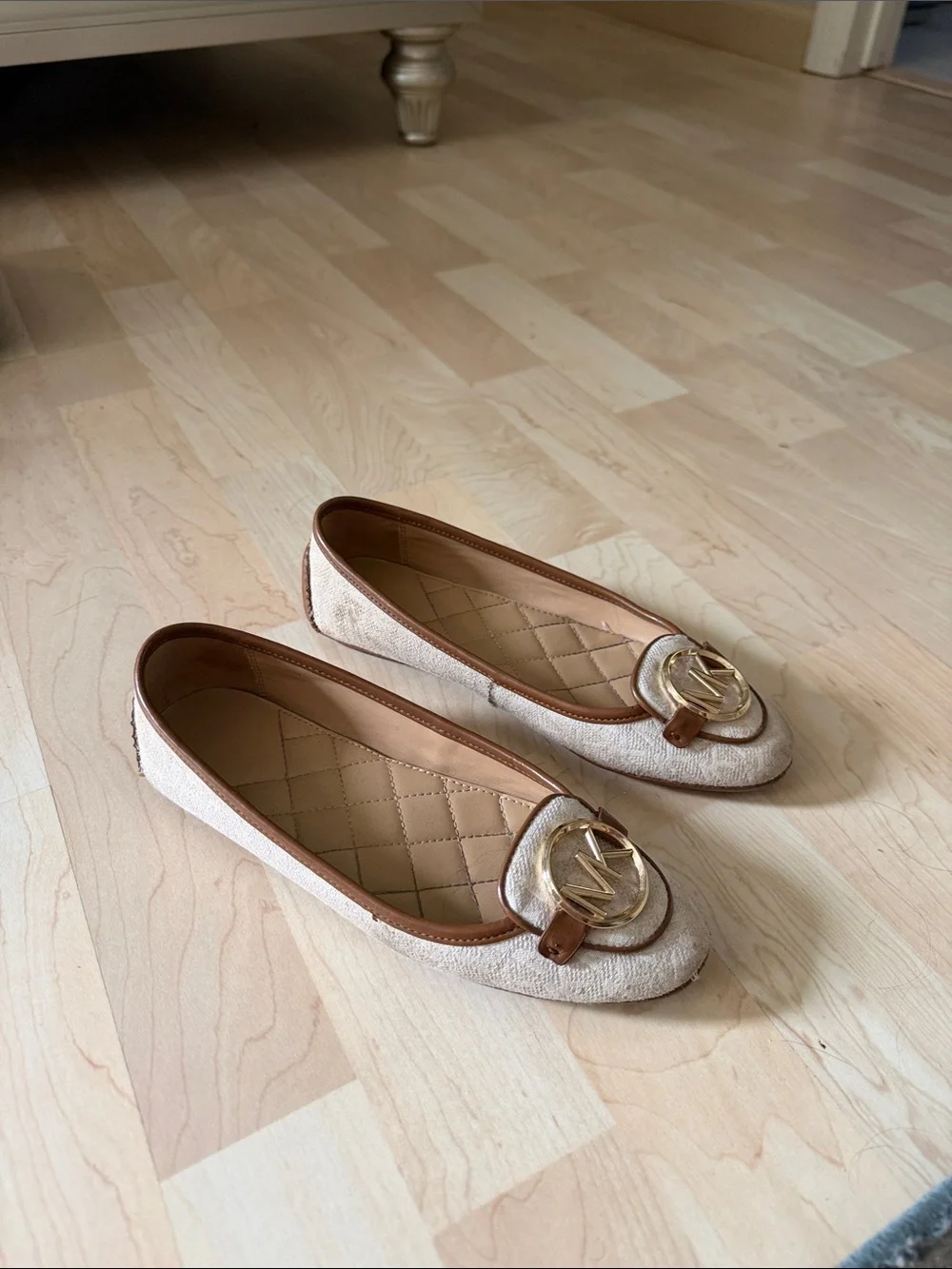 Michael Kors Cream Quilted Ballet Flats with Gold MK Emblem
